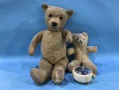 A large plush teddy bear, a smaller bear and a Clarice Cliff Celtic Harvest preserve pot