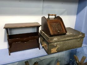 Coal scuttle, magazine rack and a tin trunk