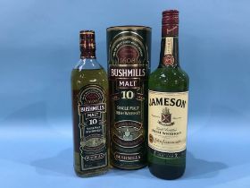 A bottle of Bushmills Malt 10 year old and a bottle of Jamesons
