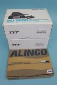 A boxed Alinco DR - 605E and two boxed TYT MD - 9600, DMR mobile transceivers