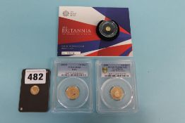 A carded 2015 Britannia 14 ounce gold proof coin, one 1989 500th Anniversary half sovereign, one