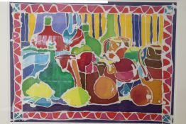Derek English, batik print, 'Still life', (framed), 50 x 66cm