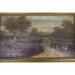 Early oil on paper lake & tree scene in gilt frame