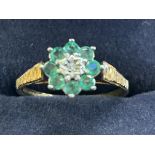 9ct Gold diamond & emerald cluster ring Size N 1.3