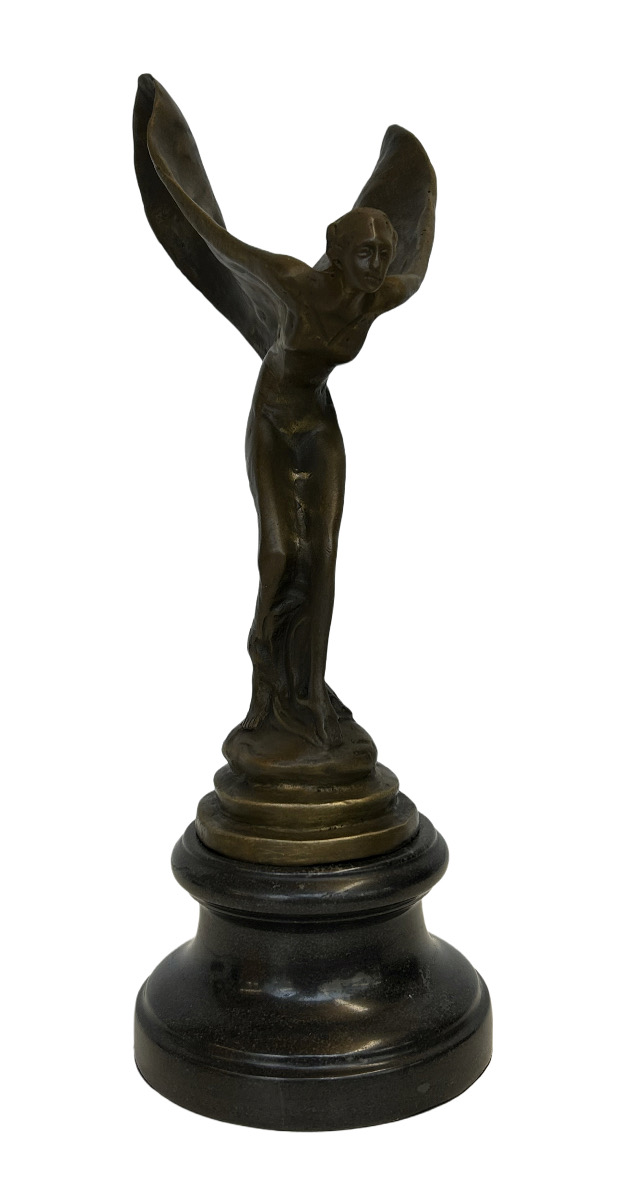 Bronze flying lady sculpture on marble base signed