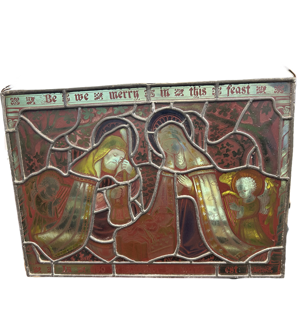 Early stained glass window, nativity scene ' Be we merry in this feast' 33 x 47 cm