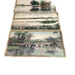 3x Chinese needle points, lake & building scenes S