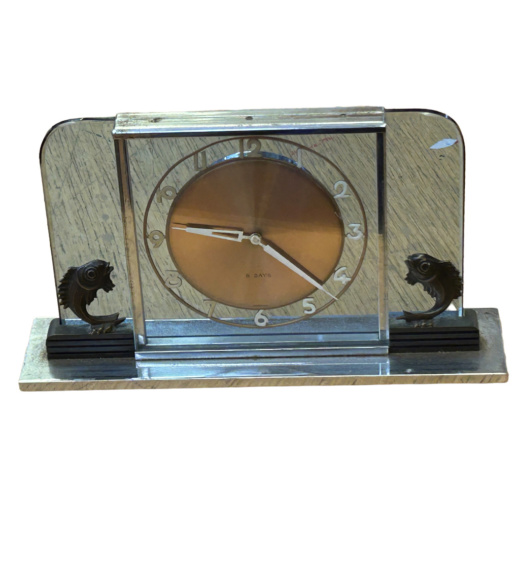 Art deco 8 day mantle clock with chrome & blue gla