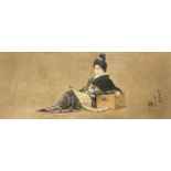 Large early Japanese watercolour of a Geisha girl