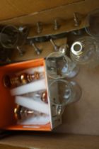 Small box of glass ware to include door handles &