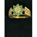 9ct gold ring set with diamond & emeralds Size K 2