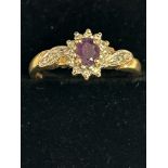 9ct gold ring set with amethyst & diamonds Size Q