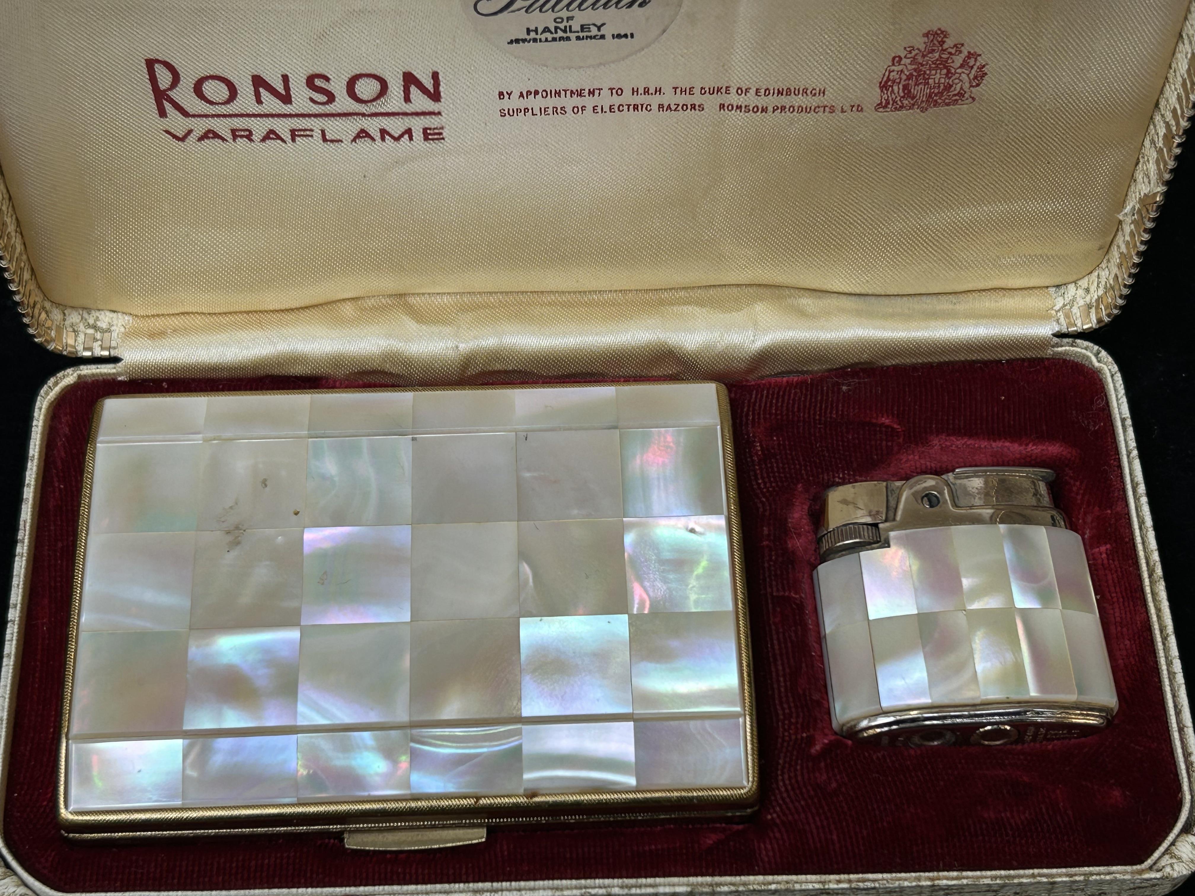 Ronson boxed set with mother of pearl lighter & ca