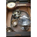Box of silver plated ware to include a barometer