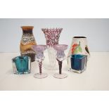 5 Pieces of art glass & 2 west german vases