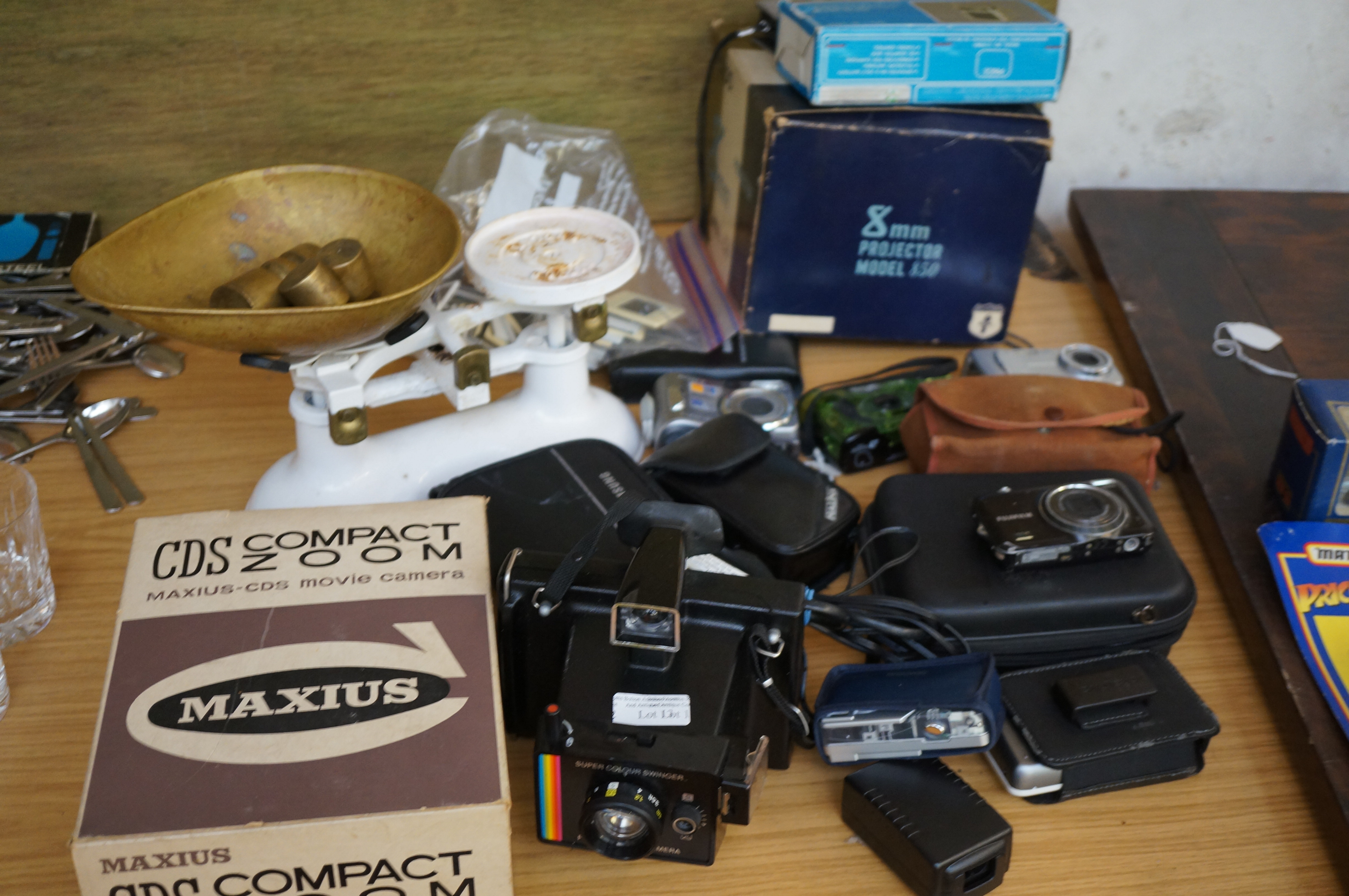 Vintage scales & weights, polaroid camera, other v