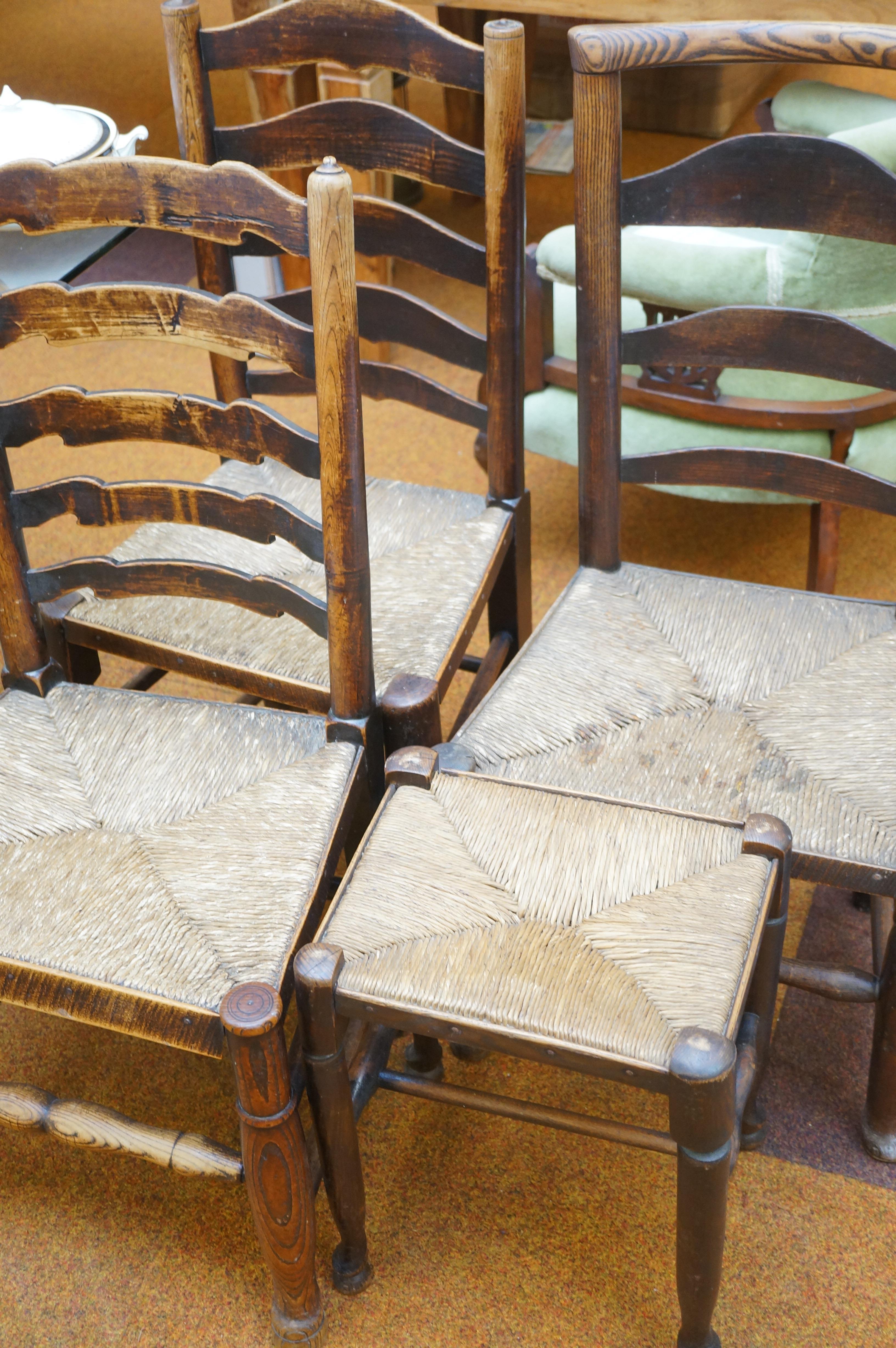 3 Ladder back chairs & footstool