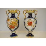 Pair of large Edwardian twin handled vases – 1 A/F