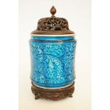 Oriental salt glazed stoneware pot with wooden pli