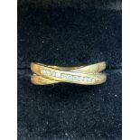 9ct Gold crossover ring set with diamonds Size O 2