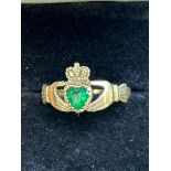 9ct Gold claddagh ring set with green stone Size O