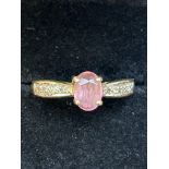9ct Gold ring set with pink gem stone & diamonds Size O