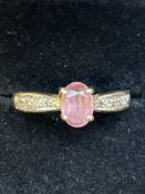 9ct Gold ring set with pink gem stone & diamonds Size O