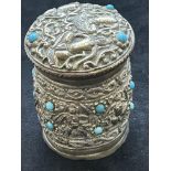 Low grade silver lidded pot & turquoise