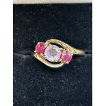 9ct Gold ring set with amethyst & 2 rubies Size O
