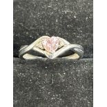 9ct White gold ring set with heart shaped pink sto