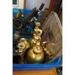 Collection of brass ware to include a silver plate