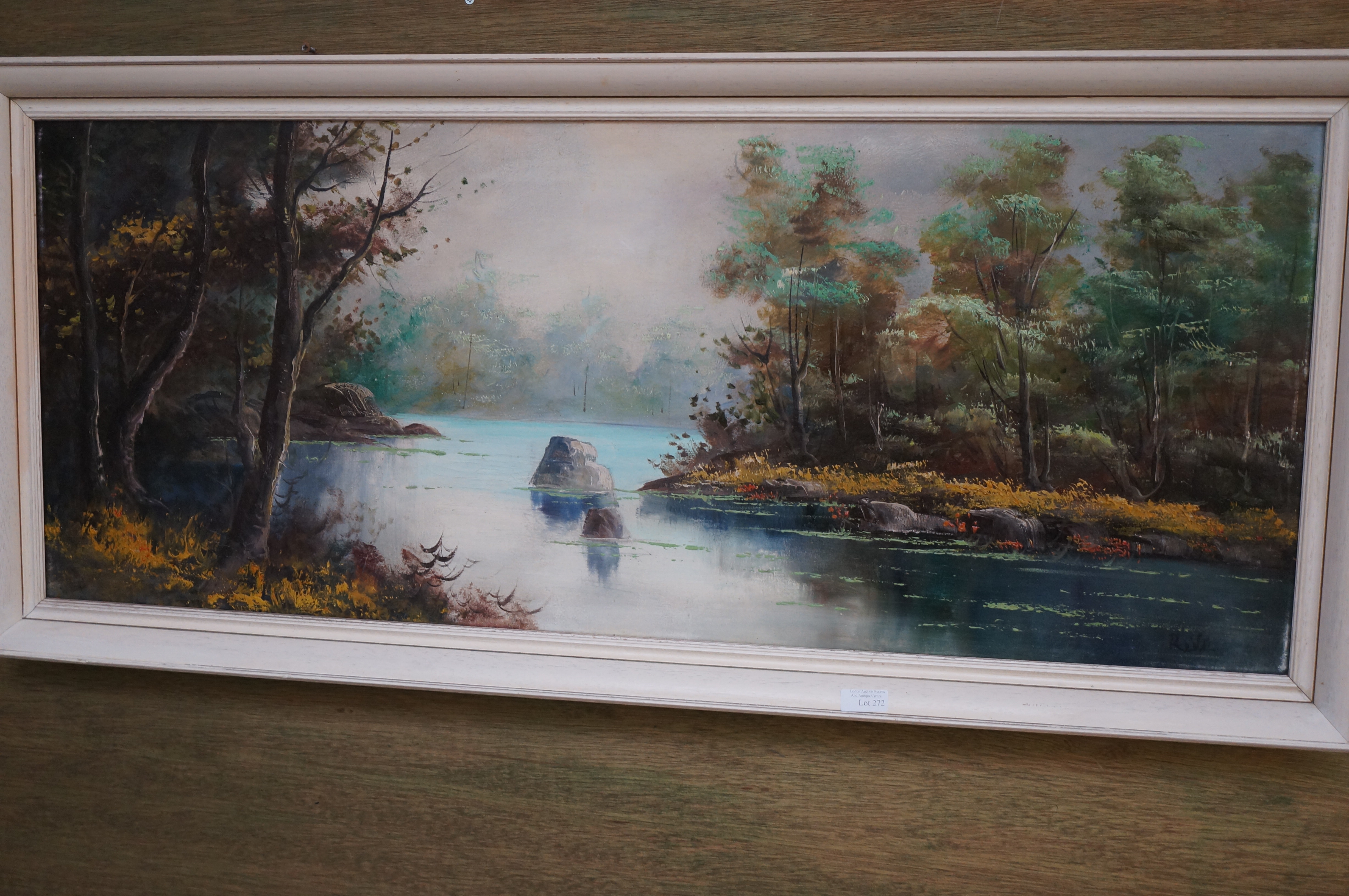 Large oil on canvas lake scene