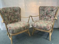 Pair of blonde Ercol chairs - 1 sun bleached