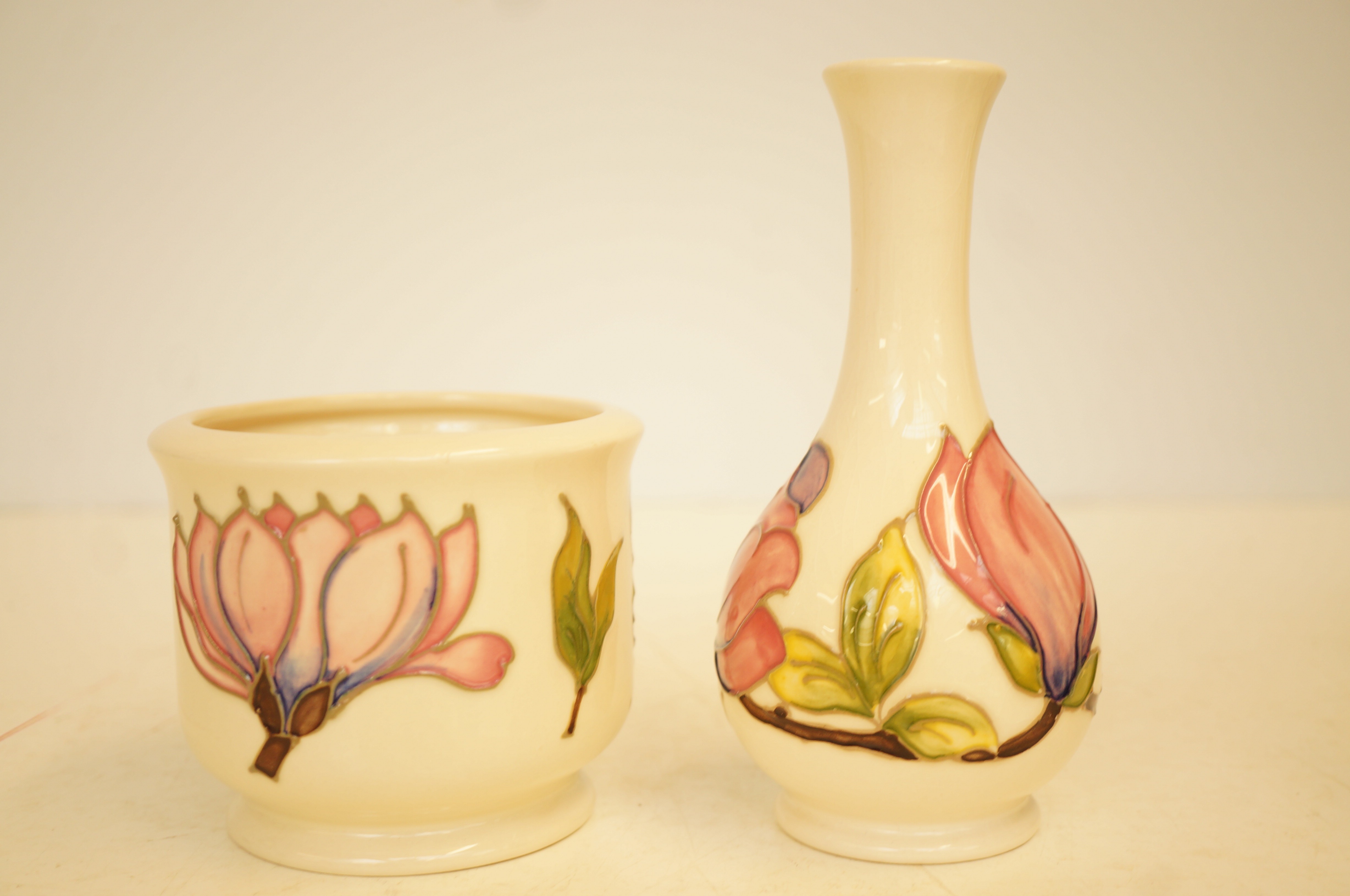 2 Pieces of Moorcroft pink magnolia plant pot & vase