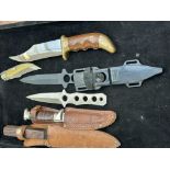 3 Hunting knives, 2 throwing knives & a pen knife