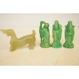 Jade(?) dog & 3 resin oriental figures