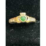 9ct Gold Claddagh ring set with green & cz stones