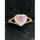 9ct Gold heart shaped ring set with amethyst & dia