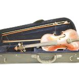 Modern cased violin with 2 bows