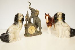 Elephant clock, ceramic horse & pair of Staffordsh