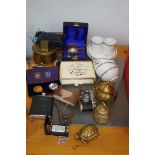 Collection of brass ware to include cased coin set