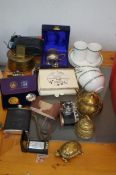 Collection of brass ware to include cased coin set