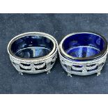 Pair of silver blue glass lined salts