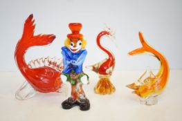 Murano art glass clown & 3 other art glass animal