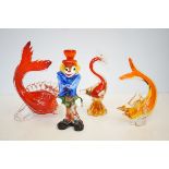 Murano art glass clown & 3 other art glass animal