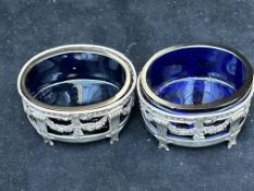 Pair of silver blue glass lined salts