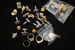 Collection of cufflinks, pin badges & rings