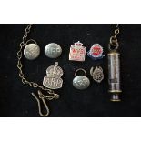 Collection of ARP badges, military whistle & WVS c