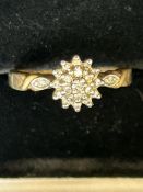 9ct Gold diamond cluster ring Size M 2.4g