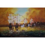 Very large oil on canvas ship scene indistinct sig